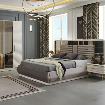 Modern bedroom furniture designer double bed 2x wooden nightstands 3-piece set