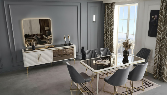 White-Gray Dining Room Set Wooden Table 6x Fabric Chairs Sideboard 9-piece