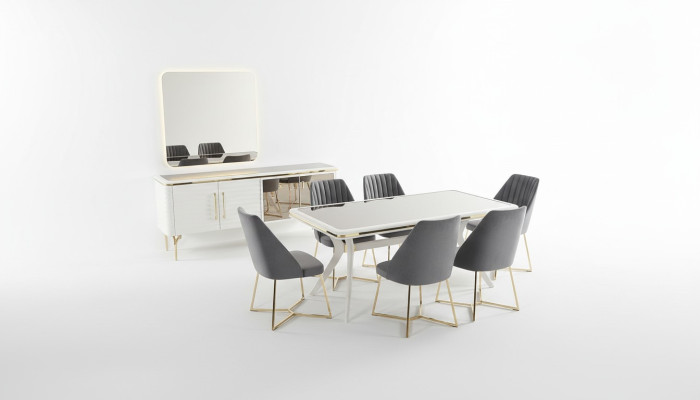 White-Gray Dining Room Set Wooden Table 6x Fabric Chairs Sideboard 9-piece