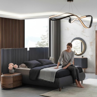 Modern gray bedroom set textile bed wooden nightstands dresser