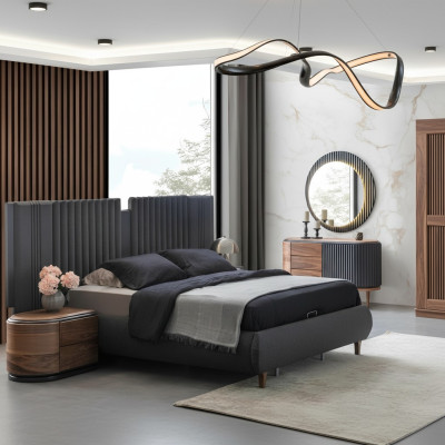 Modern gray bedroom set textile bed wooden nightstands dresser