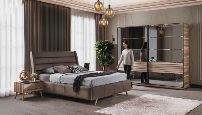 Modern bedroom furniture upholstered double bed wood nightstands wardrobe