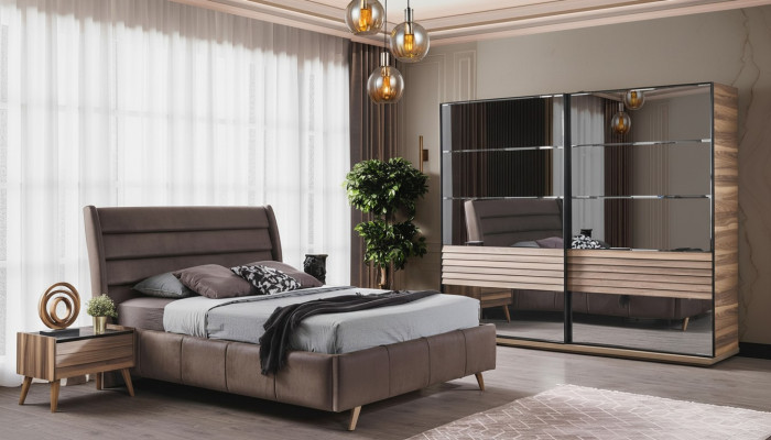 Modern bedroom furniture upholstered double bed wood nightstands wardrobe