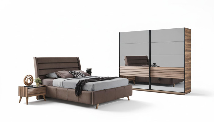 Modern bedroom furniture upholstered double bed wood nightstands wardrobe