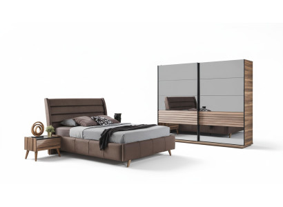 Modern bedroom furniture upholstered double bed wood nightstands wardrobe