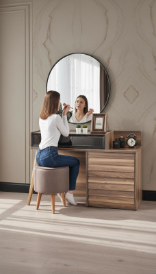 Brown wooden dressing table with round mirror, designer bedroom 2-piece set console.