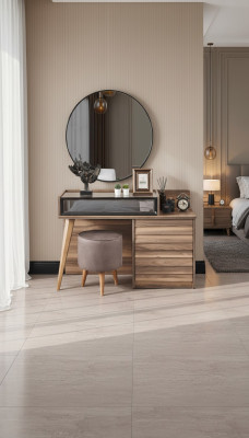 Brown wooden dressing table with round mirror, designer bedroom 2-piece set console.