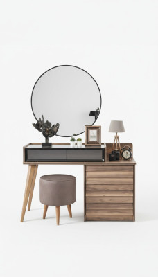 Brown wooden dressing table with round mirror, designer bedroom 2-piece set console.