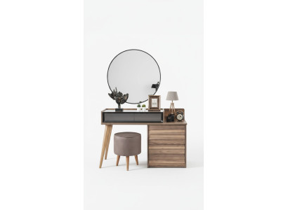 Brown wooden dressing table with round mirror, designer bedroom 2-piece set console.