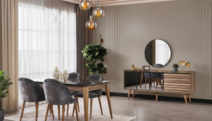 Complete Brown Dining Room Set Dining Table 4x Chairs Sideboard 7 pieces