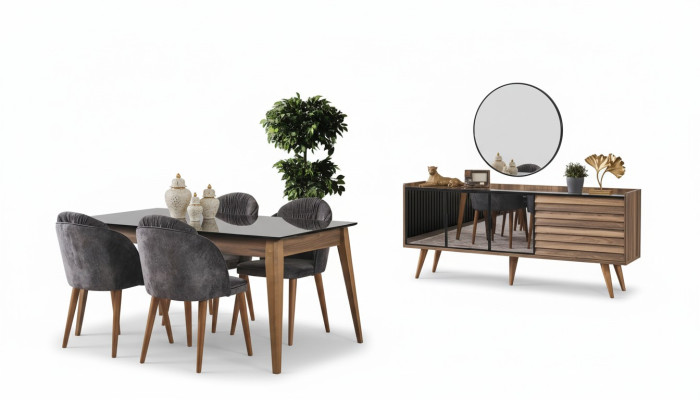 Complete Brown Dining Room Set Dining Table 4x Chairs Sideboard 7 pieces
