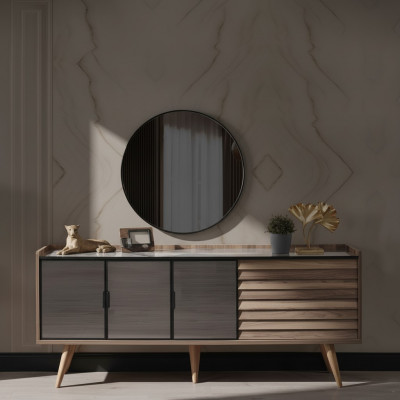 Brown dining room set, stylish sideboard, round mirror, wooden furniture, 2-piece