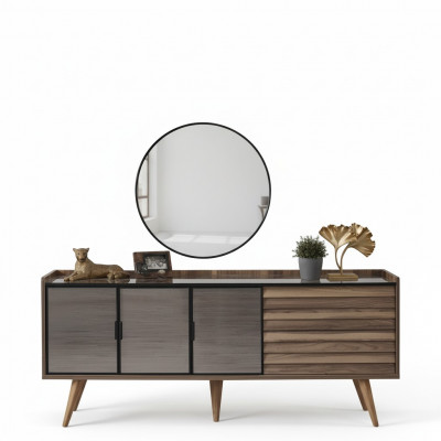 Brown dining room set, stylish sideboard, round mirror, wooden furniture, 2-piece