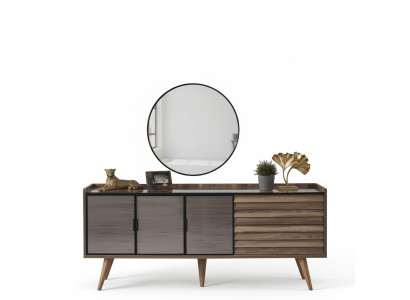Brown dining room set, stylish sideboard, round mirror, wooden furniture, 2-piece