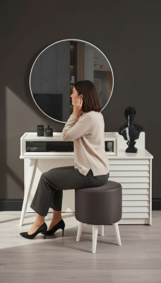 White dressing table with drawers, round chair, console, luxury upholstered stool, 3-piece set.