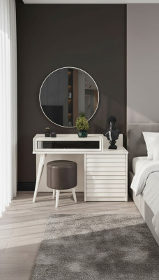 White dressing table with drawers, round chair, console, luxury upholstered stool, 3-piece set.