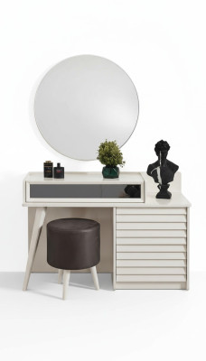 White dressing table with drawers, round chair, console, luxury upholstered stool, 3-piece set.