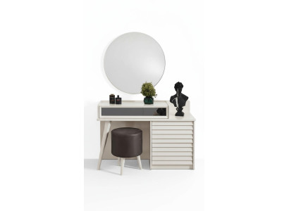 White dressing table with drawers, round chair, console, luxury upholstered stool, 3-piece set.
