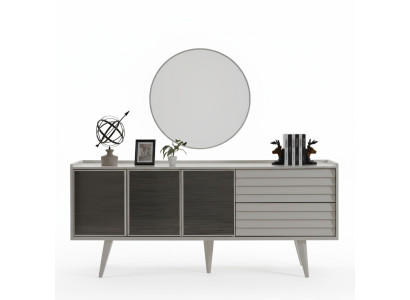 White Sideboard Luxury Round Mirror Designer Wooden Furniture 2-piece Set New