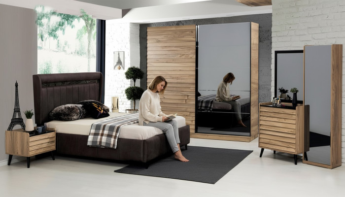 Bedroom furniture designer upholstered bed 2x nightstands wardrobe