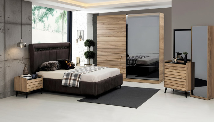 Bedroom furniture designer upholstered bed 2x nightstands wardrobe