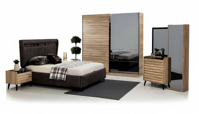 Bedroom furniture designer upholstered bed 2x nightstands wardrobe
