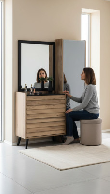 Brown tall chest of drawers with mirror designer bedroom console 2-piece set