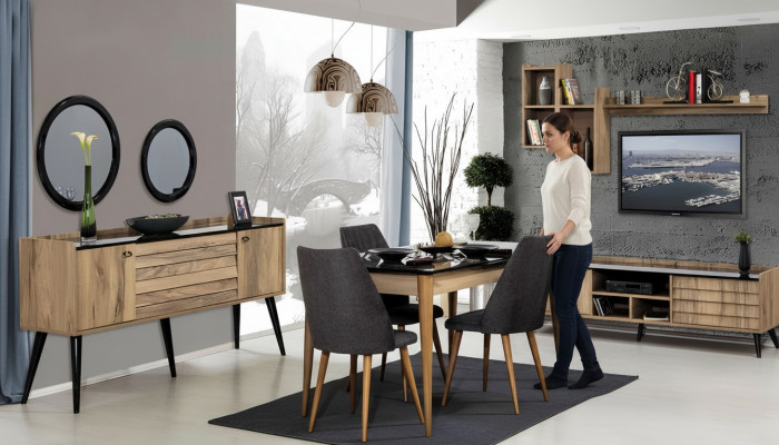 Black and Brown Dining Room Set Dining Table 4x Chairs Sideboard Mirror 8-piece
