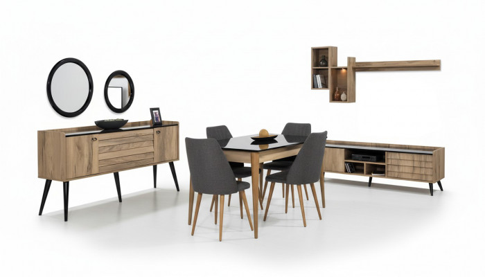 Black and Brown Dining Room Set Dining Table 4x Chairs Sideboard Mirror 8-piece