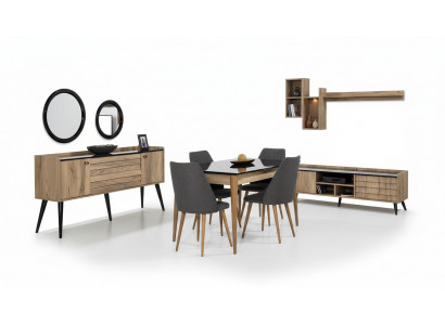 Black and Brown Dining Room Set Dining Table 4x Chairs Sideboard Mirror 8-piece