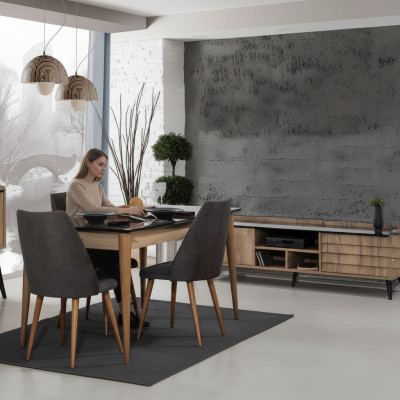 Dining room set designer brown dining table with 4 black upholstered chairs