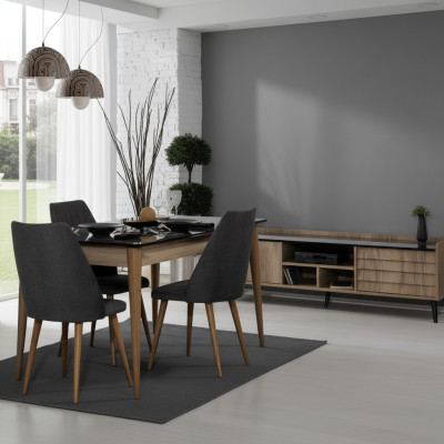 Dining room set designer brown dining table with 4 black upholstered chairs