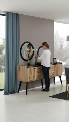 Designer dining room furniture set, light brown wood sideboard, glass mirror.