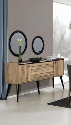 Designer dining room furniture set, light brown wood sideboard, glass mirror.
