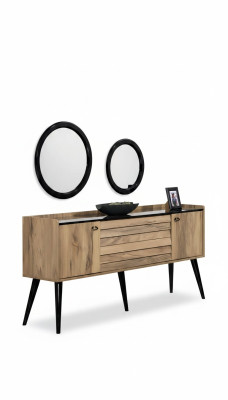 Designer dining room furniture set, light brown wood sideboard, glass mirror.