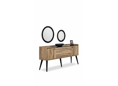 Designer dining room furniture set, light brown wood sideboard, glass mirror.
