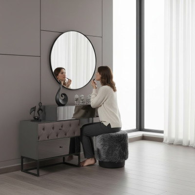 Designer gray dressing table, round mirror, upholstered stool, luxury 3-piece set