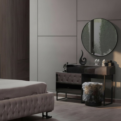 Designer gray dressing table, round mirror, upholstered stool, luxury 3-piece set