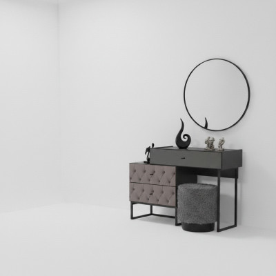Designer gray dressing table, round mirror, upholstered stool, luxury 3-piece set