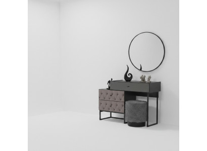 Designer gray dressing table, round mirror, upholstered stool, luxury 3-piece set