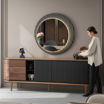 Stylish Ensemble Designer Brown Sideboard Round Mirror 2-Piece Wood Set