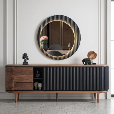 Stylish Ensemble Designer Brown Sideboard Round Mirror 2-Piece Wood Set
