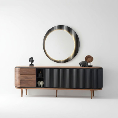 Stylish Ensemble Designer Brown Sideboard Round Mirror 2-Piece Wood Set
