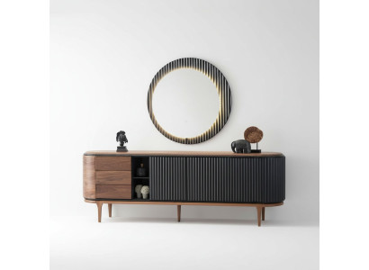 Stylish Ensemble Designer Brown Sideboard Round Mirror 2-Piece Wood Set