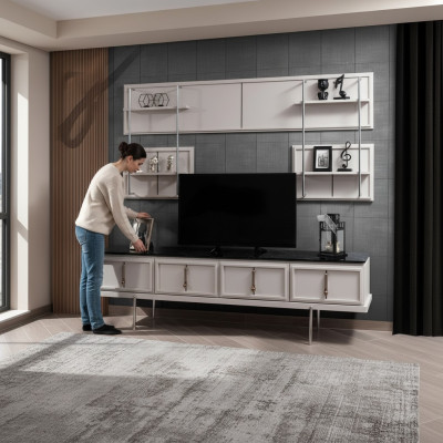 White living room wall unit TV cabinet luxury hanging shelf 3-piece set new
