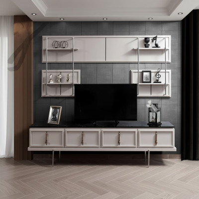White living room wall unit TV cabinet luxury hanging shelf 3-piece set new