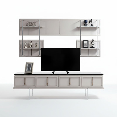 White living room wall unit TV cabinet luxury hanging shelf 3-piece set new