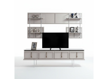 White living room wall unit TV cabinet luxury hanging shelf 3-piece set new