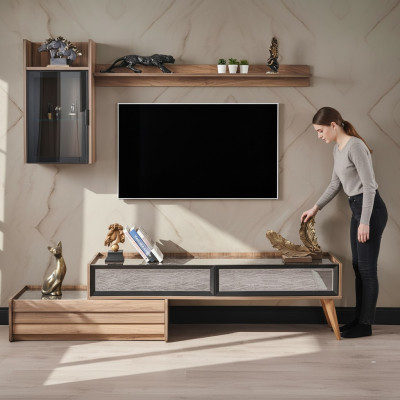 Modern wall unit designer wood TV cabinet luxury wall cabinet shelf 3-piece set