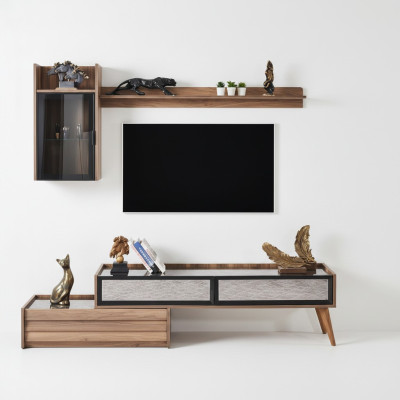 Modern wall unit designer wood TV cabinet luxury wall cabinet shelf 3-piece set